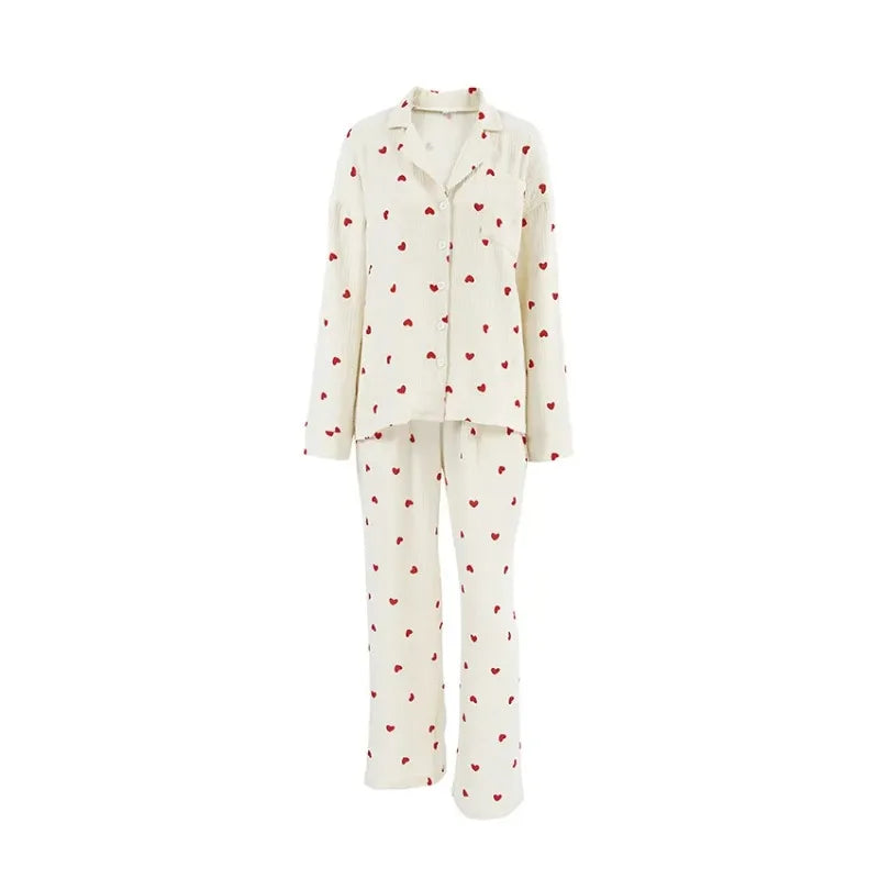 Summer New Love Heart Print Pyjama 100% Cotton Long Sleeve Set 2Pcs Outfit Lapel Sleepwear Button Down Women&
