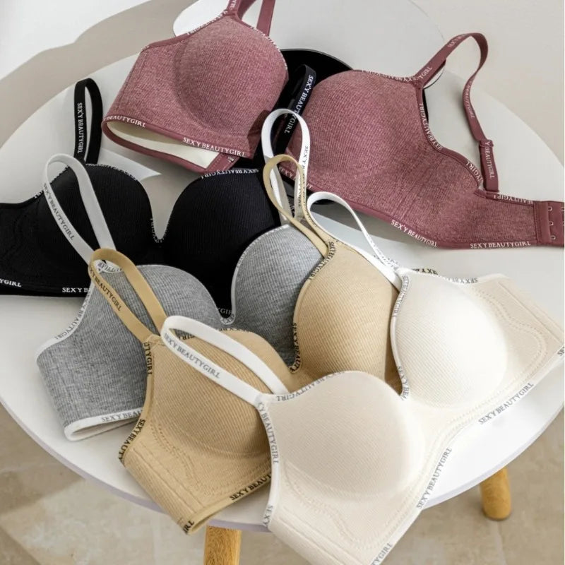 Thickened Push-Up Bra for Small Chest Wireless No Steel Ring Letter Print Adjustable Straps Anti-Slip Pads Seamless Lingerie