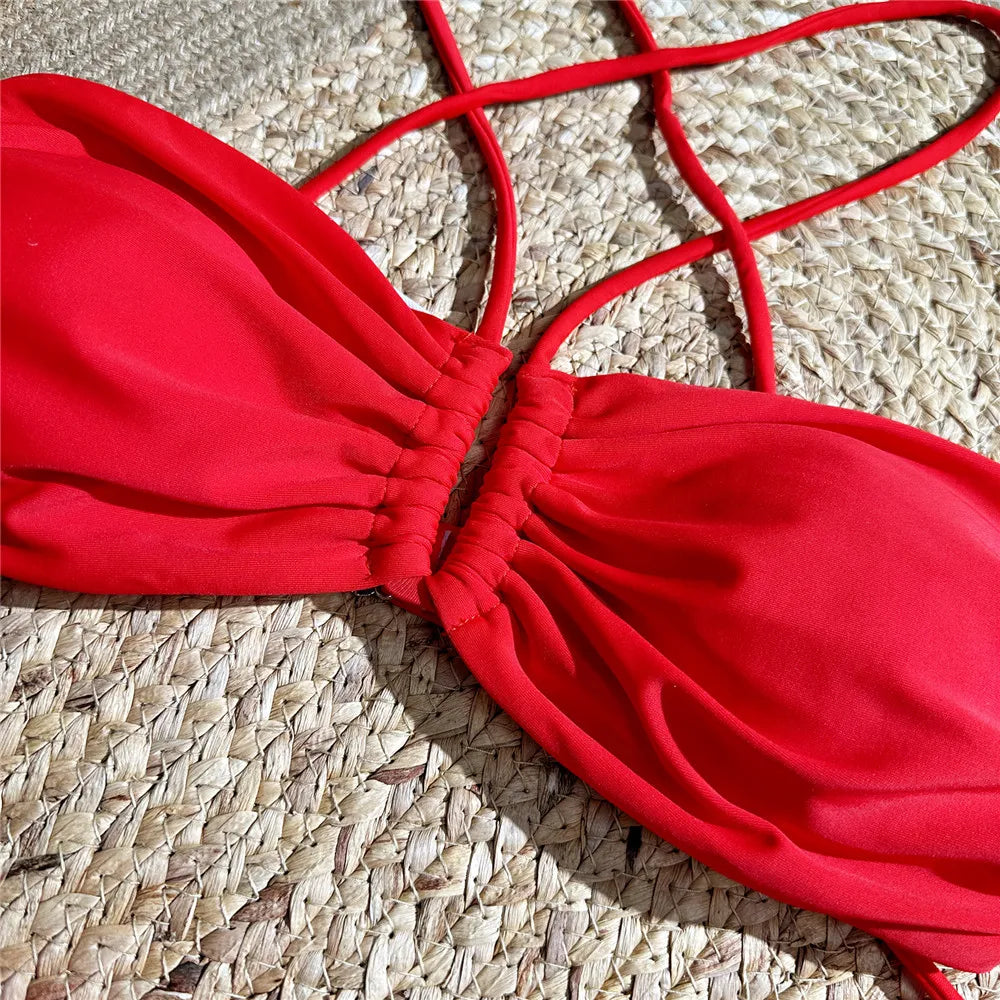 Sexy Red 3D Flower Swimwear Halter Bandeau Bikinis Sets High Wiast Swimsuit 2025 Women Ruched Bathing Suit Bikini Mujer Bather