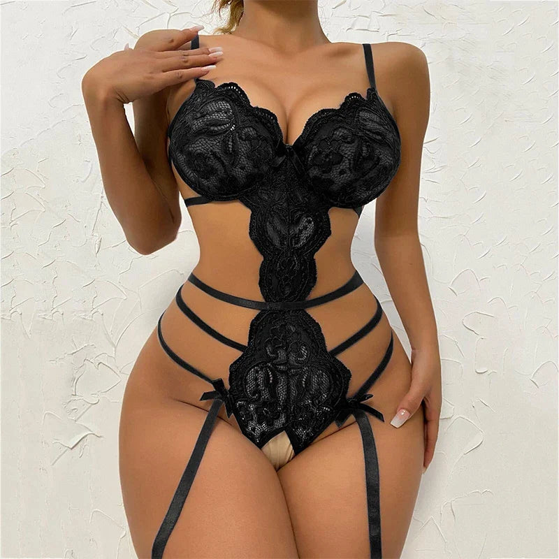 Hot Lace Seamless Bodysuit Sexy Women Underwear Erotic Pajamas Crotchless Deep V Open Bra See Through Babydoll Lingerie Set