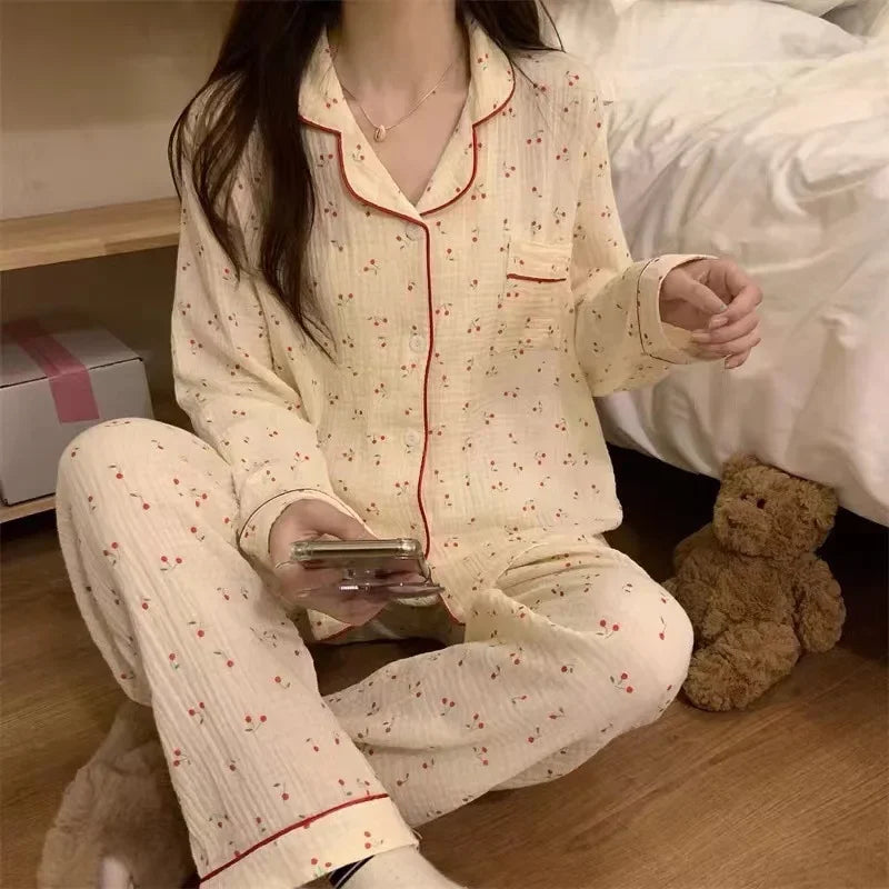 Spring New Long-Sleeved Pajamas Female Rustic Style Floral Imitation Cotton Wrinkled Cloth Loose Girls Sweet Pajamas Homewear Se
