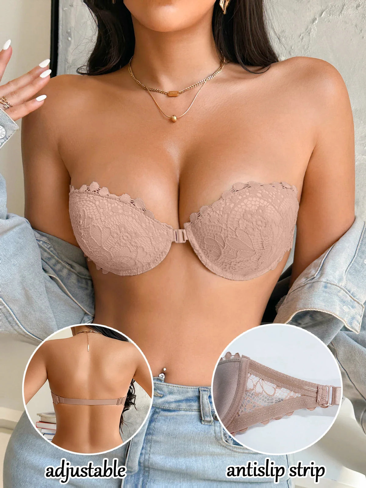 Half Cup Lace Women Strapless Bra Stylish Push Up Underwire Bra Comfortable Front Closure Daily Women&