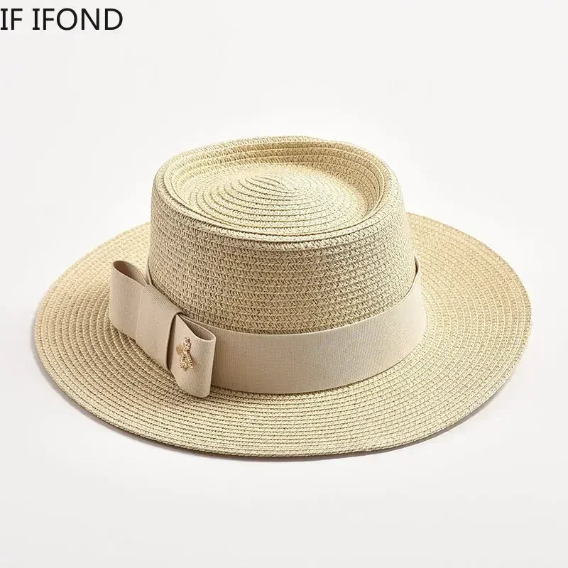 NEW Spring Summer Straw Hats for Women Round Bumpy Surface Flat Top Bowknot Dress Cap Travel Beach Sun Hat Gorra