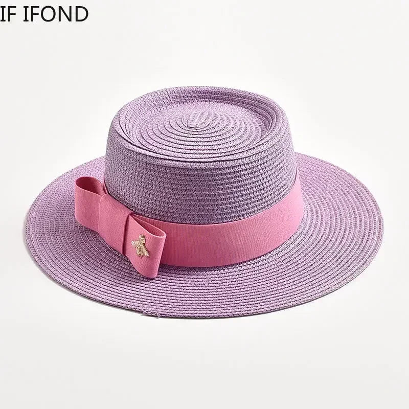 NEW Spring Summer Straw Hats for Women Round Bumpy Surface Flat Top Bowknot Dress Cap Travel Beach Sun Hat Gorra