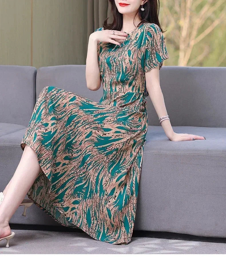 New Fashion Casual 2024 Summer Elegant Dresses For Women O-Neck Print Vintage Short Sleeve Dress Loose Women Clothing