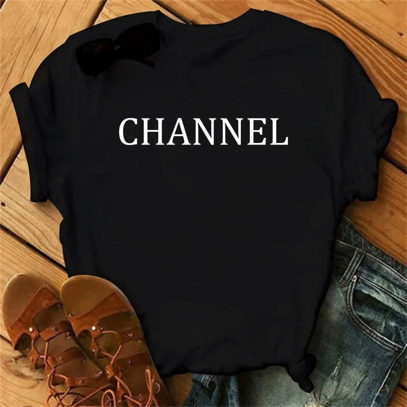 100% pure cotton summer loose-fitting CHANNEL letter print casual fitted round-neck short-sleeve t-shirt top