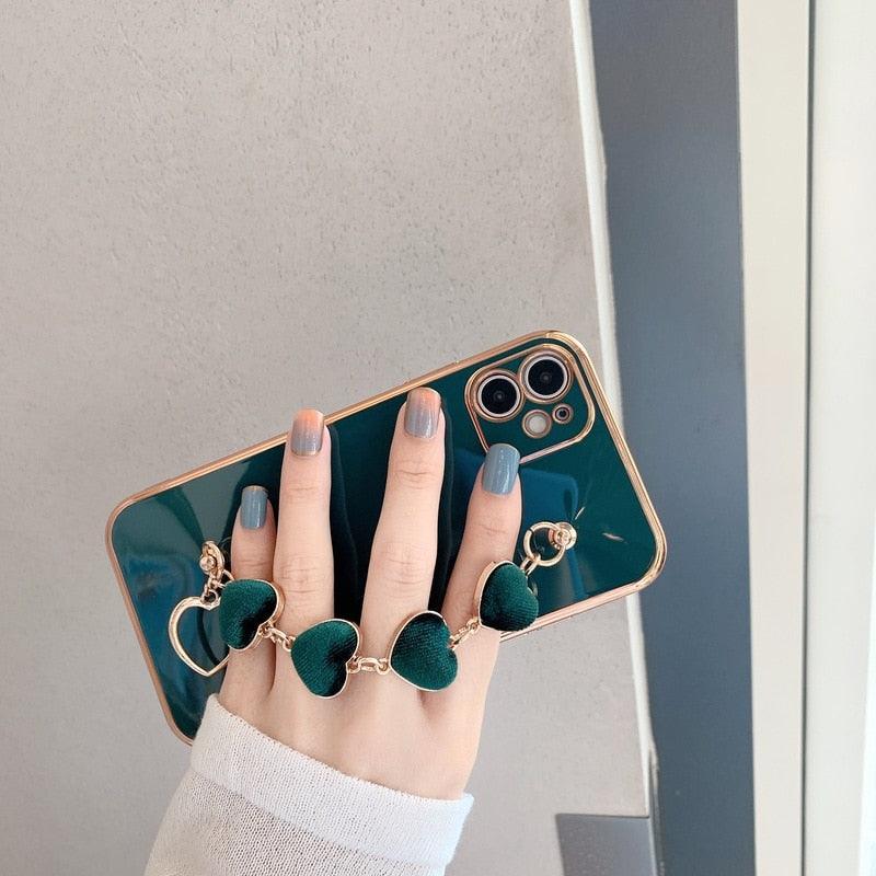 Luxury Women Silicone Phone Case Cover With Wrist Chain Bracelet for iPhone Wristband Bracelet Hand Holder Cover for iPhone 13 12 11 Pro Max plating Case Heart Chain Cases for iPhone 7 8 Plus XR XS Max X
