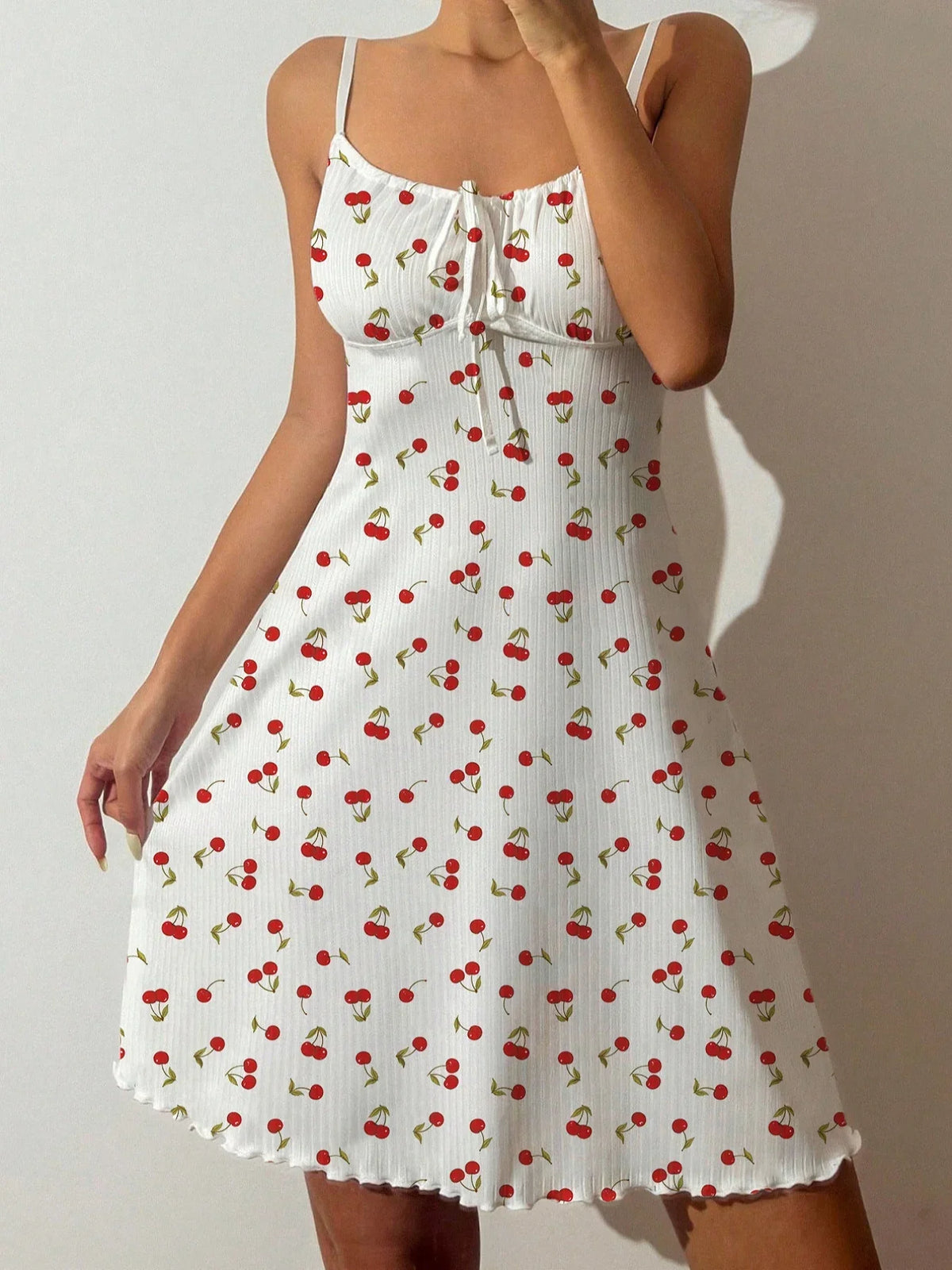 Women Cherry Print Camisole Nightgown, Summer Sleeveless Sleep Dress with Bow Front, Adjustable Straps, Ruffle Hem Home