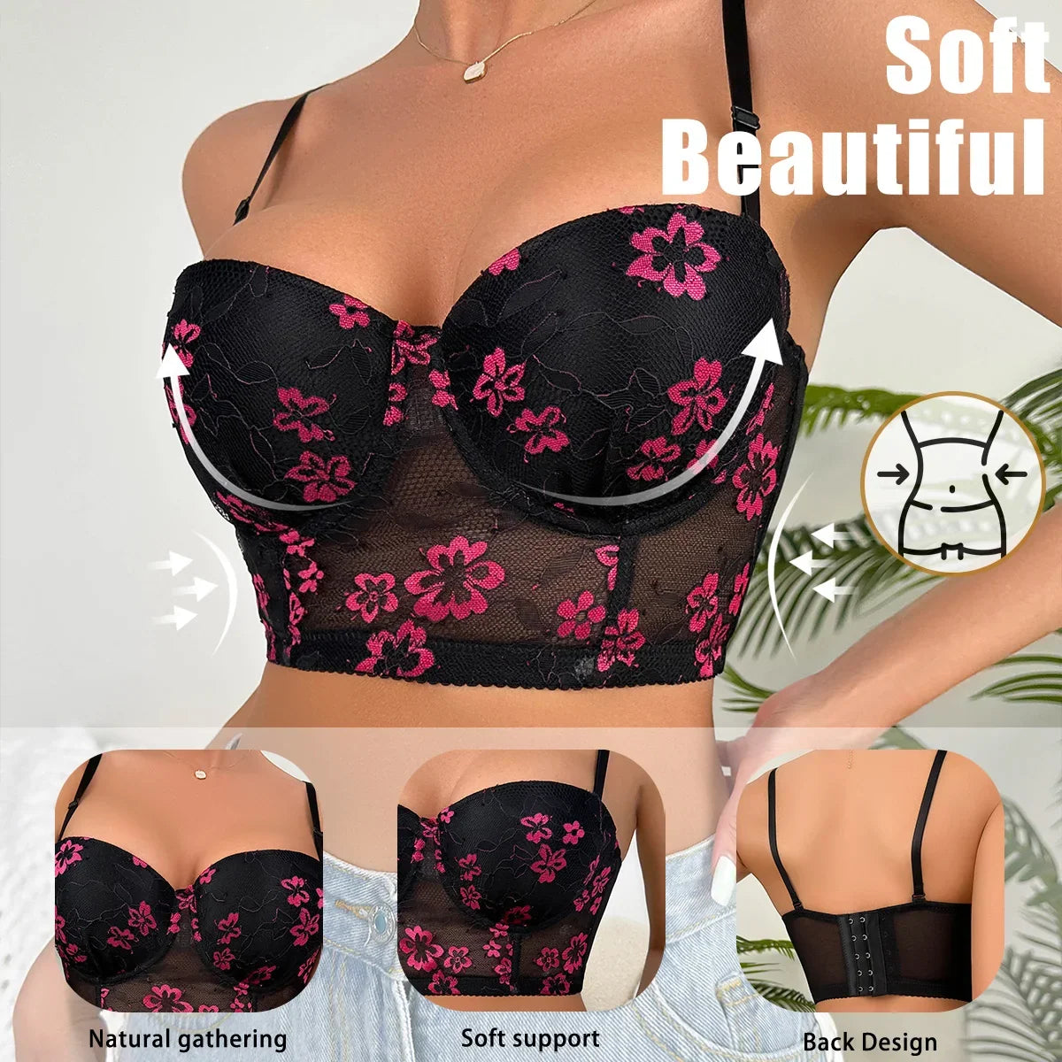 Pretty Women Underwear Embroidered printed corset Women Push Up Bra black Lingerie Lace Bra B6131