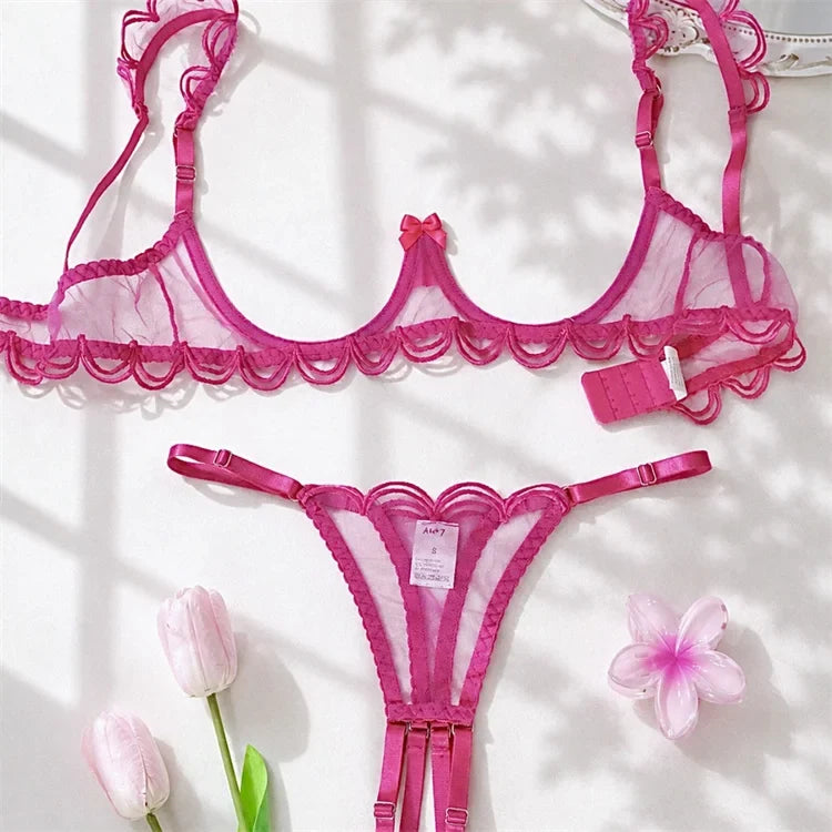Sexy Women Bra Set Rose Red Mesh Lingerie Three-point Intimate Underwear Bow Underwire Bralette Crotchless Thong Lingerie Set