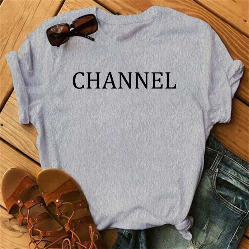 100% pure cotton summer loose-fitting CHANNEL letter print casual fitted round-neck short-sleeve t-shirt top