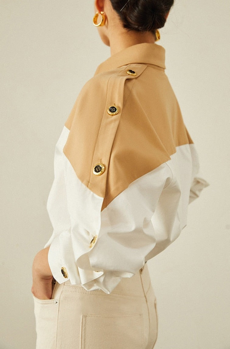 Patchwork Lapel Women Shirts Long Sleeve Single-breasted Loose Female Blouses