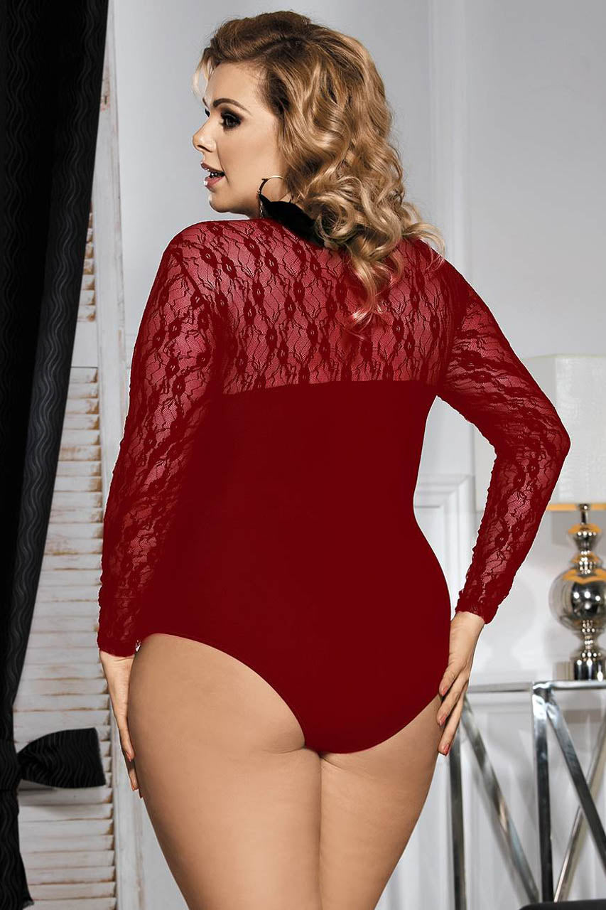 Plus Size Stretch Long Sleeve Lace Bodysuit