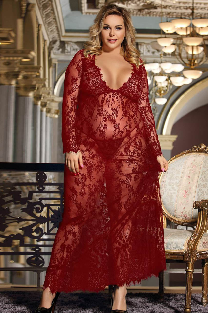 Plus Size Long Lace V Neck Gown