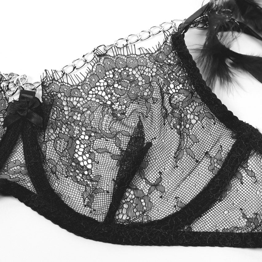 Feather Lace Chain Lingerie Bra Set