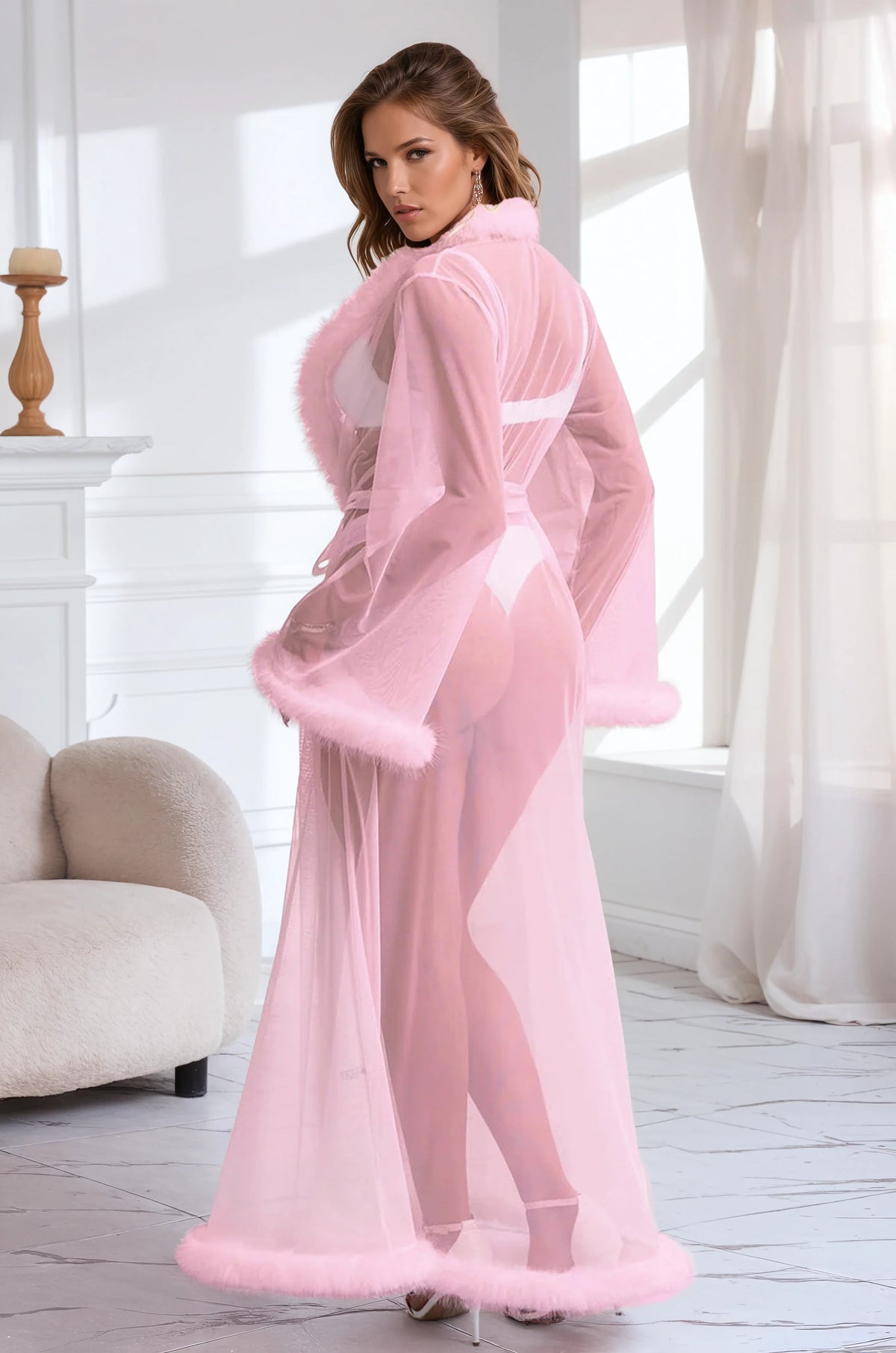 Sexy Mesh and Faux Fur Trim Robe