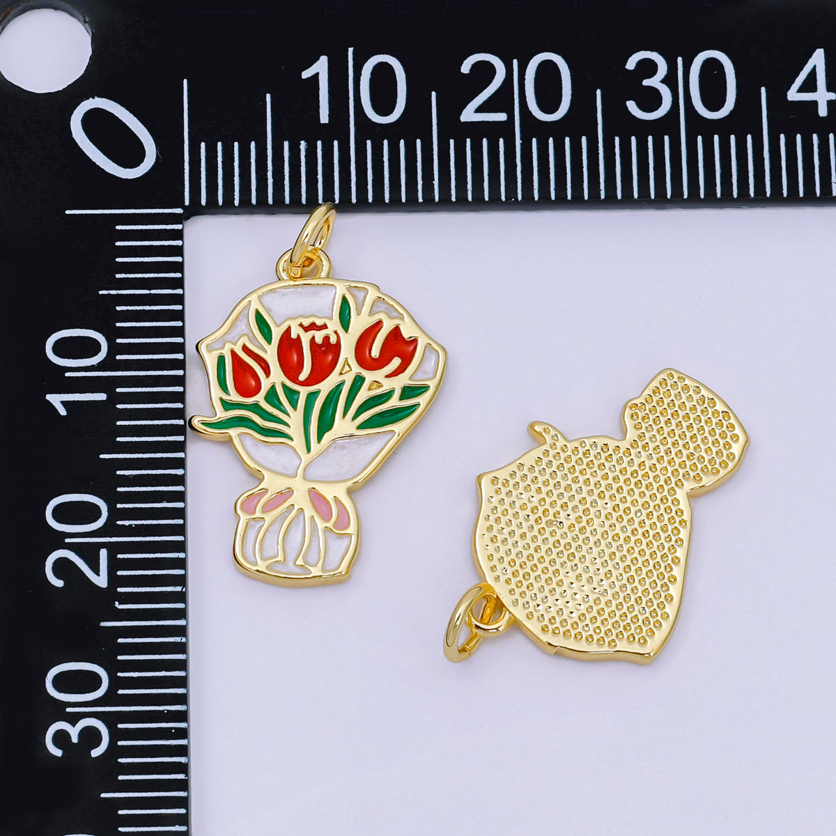 24K Gold Filled 15mm Red Rose Flower Bouquet Enamel Charm | AH642