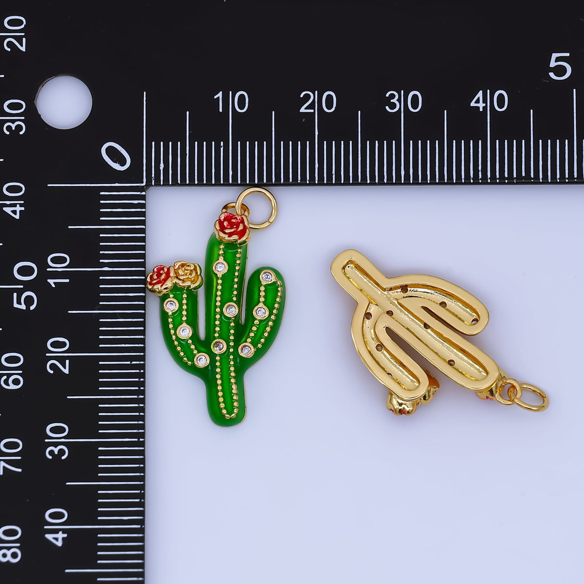 24K Gold Filled 27mm Clear CZ Dotted Enamel Red Flower Cactus Plant Charm | AJ433 AJ434