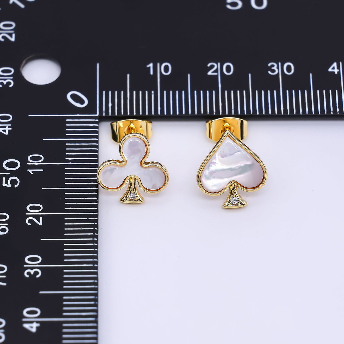 24K Gold Filled Shell Pearl Spades & Clubs Card Mis Matched Stud Earrings | Q-346