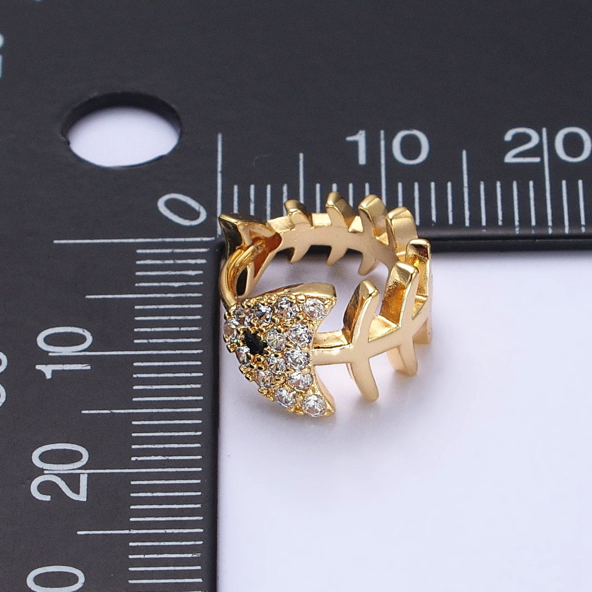 Gold, Silver Black-Eyed Ocean Fish Bone Micro Paved CZ 13mm Huggie Earrings | AB457 AB461