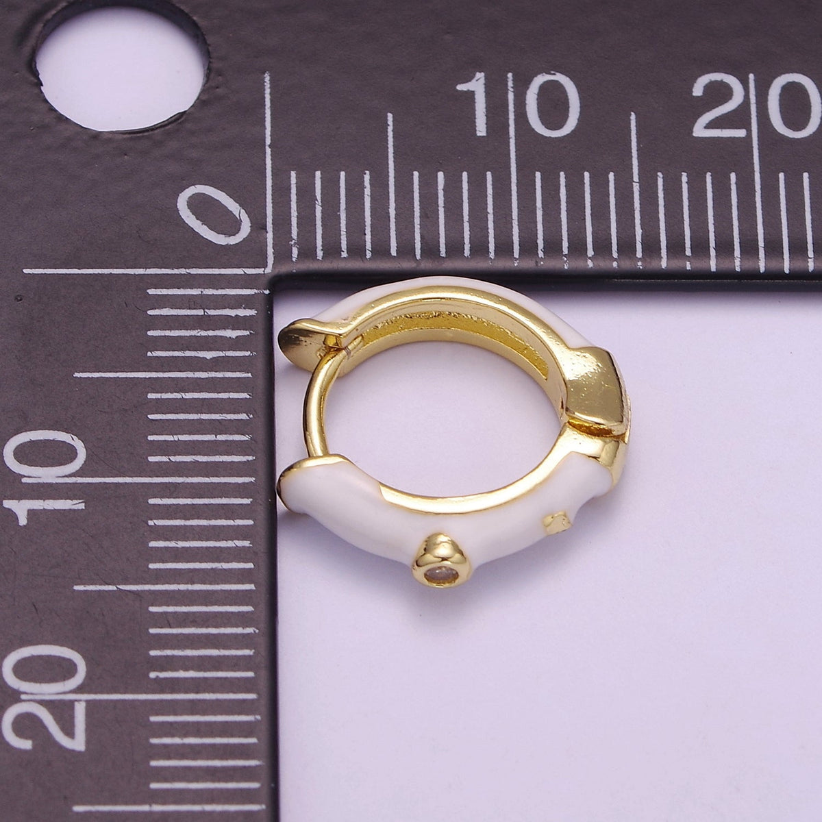 14mm Clear CZ Round White Enamel Geometric Huggie Earring | P102