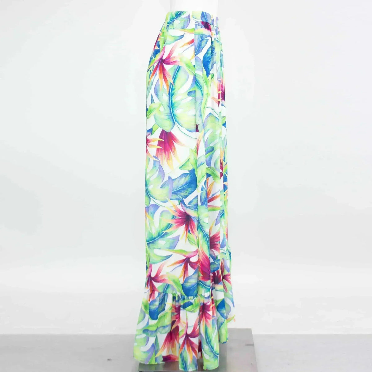 Tropical Print Maxi Skirt – Flared Silhouette & Elastic Waist