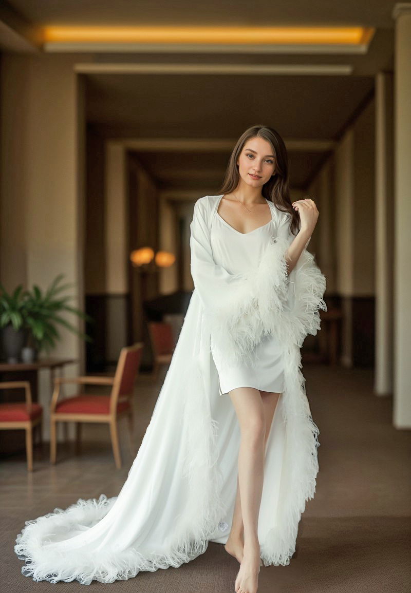 Luxury Ostrich Feather Satin Bridal Robe – White/Ivory Train, Holiday Photoshoot Gift