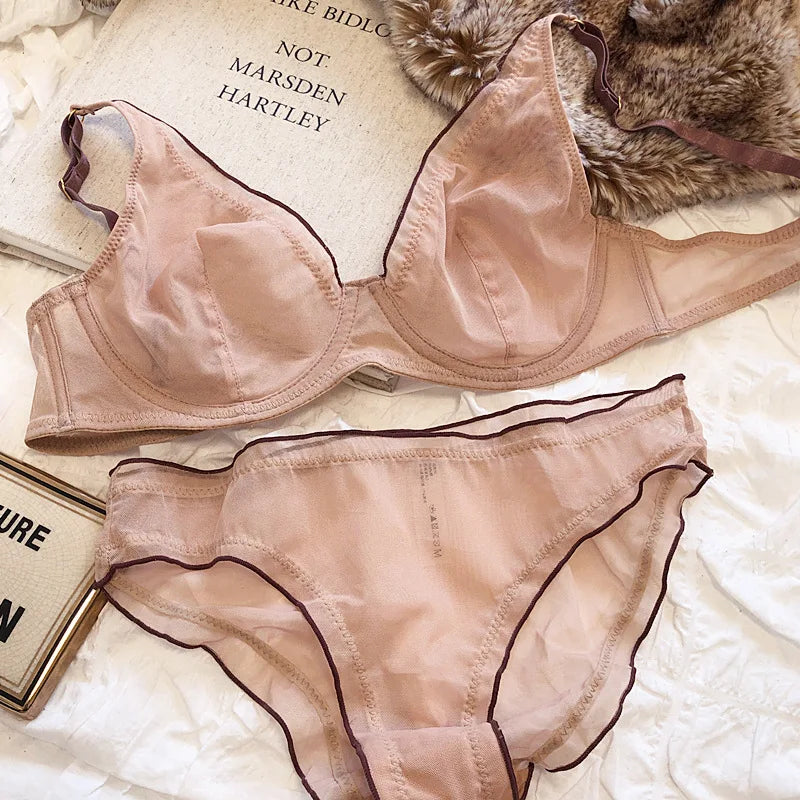 French Ultra Thin Bralette for Women Underwear Top Sexy Deep V Push Up Bra Set Summer Comfort Breathable Lingerie and Panties