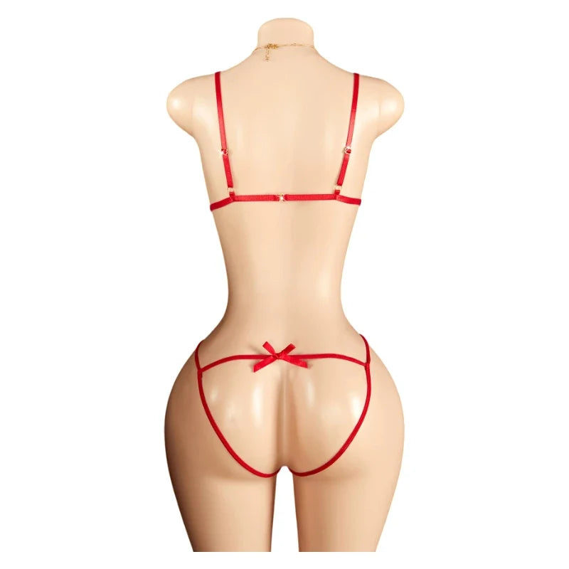 Sexy Red Crotchless Lingerie Open Back Bras BodySuits Transparent Erotic Costumes Deep V Sexy Lace Fishnet Hollow Underwear Set