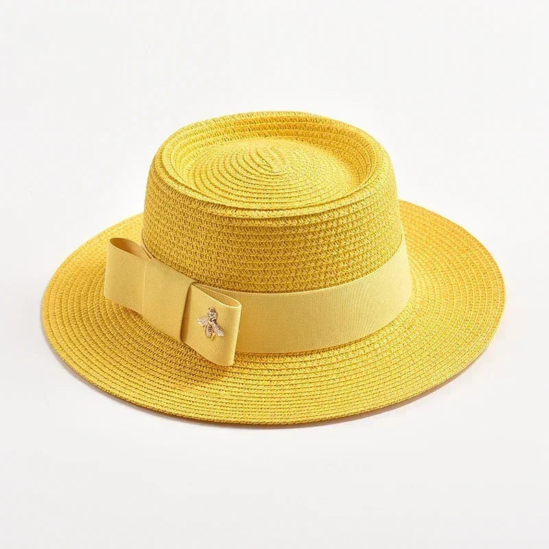 NEW Spring Summer Straw Hats for Women Round Bumpy Surface Flat Top Bowknot Dress Cap Travel Beach Sun Hat Gorra