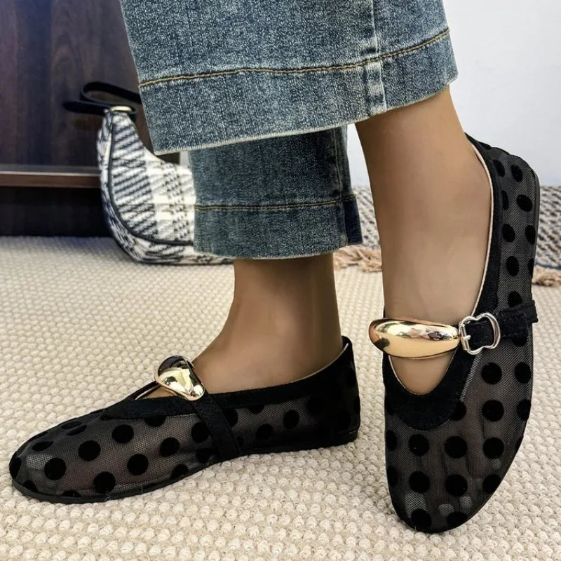 Korean Sle Polka Dot Me Breathable Flat Bot Mary Jane oes Women&