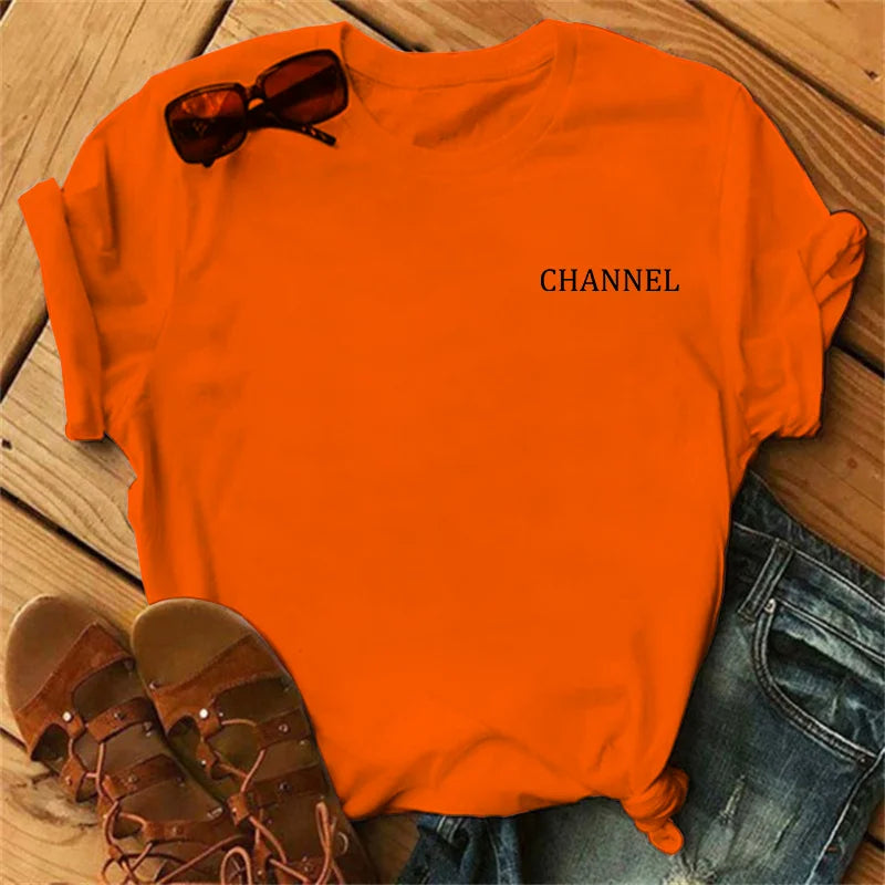 100% pure cotton summer loose-fitting CHANNEL letter print casual fitted round-neck short-sleeve t-shirt top
