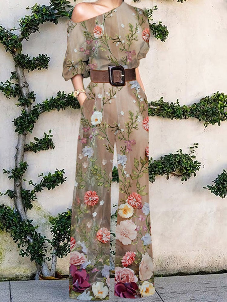 2022 Summer Pattern Print Jumpsuit Off Shoulder Romper Women Wide Leg Pant Playsuit