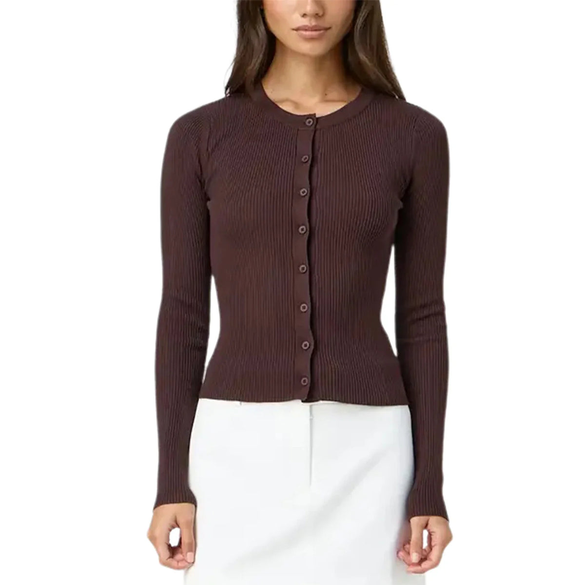 Autumn Winter Sweater Cardigan Women Solid Color Long Sleeve Round Neck Button Up Ribbed Knitwear Slim Coat