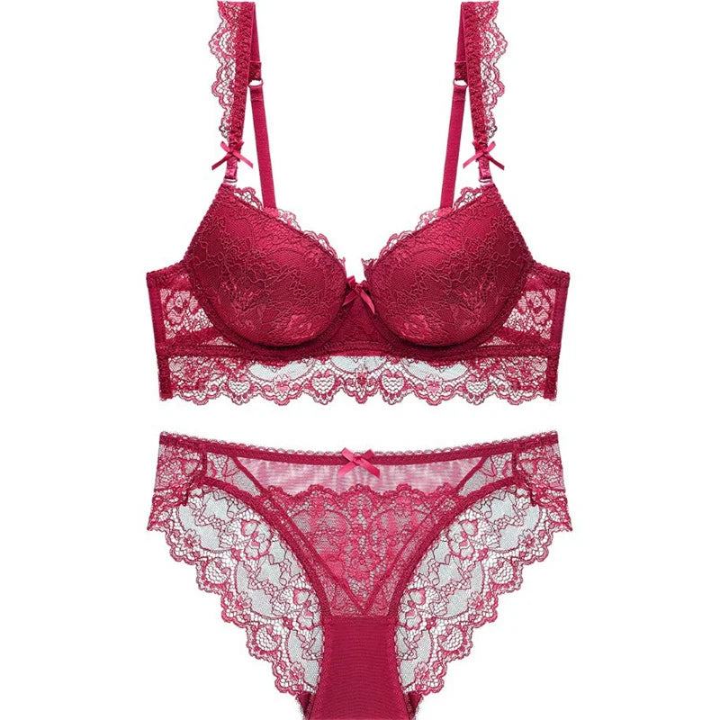 Europe Plus Size Women Lingerie Sexy Lace Embroidery Push Up Bra Set Romantic Red Underwear Comfortable Bras and Panties Set