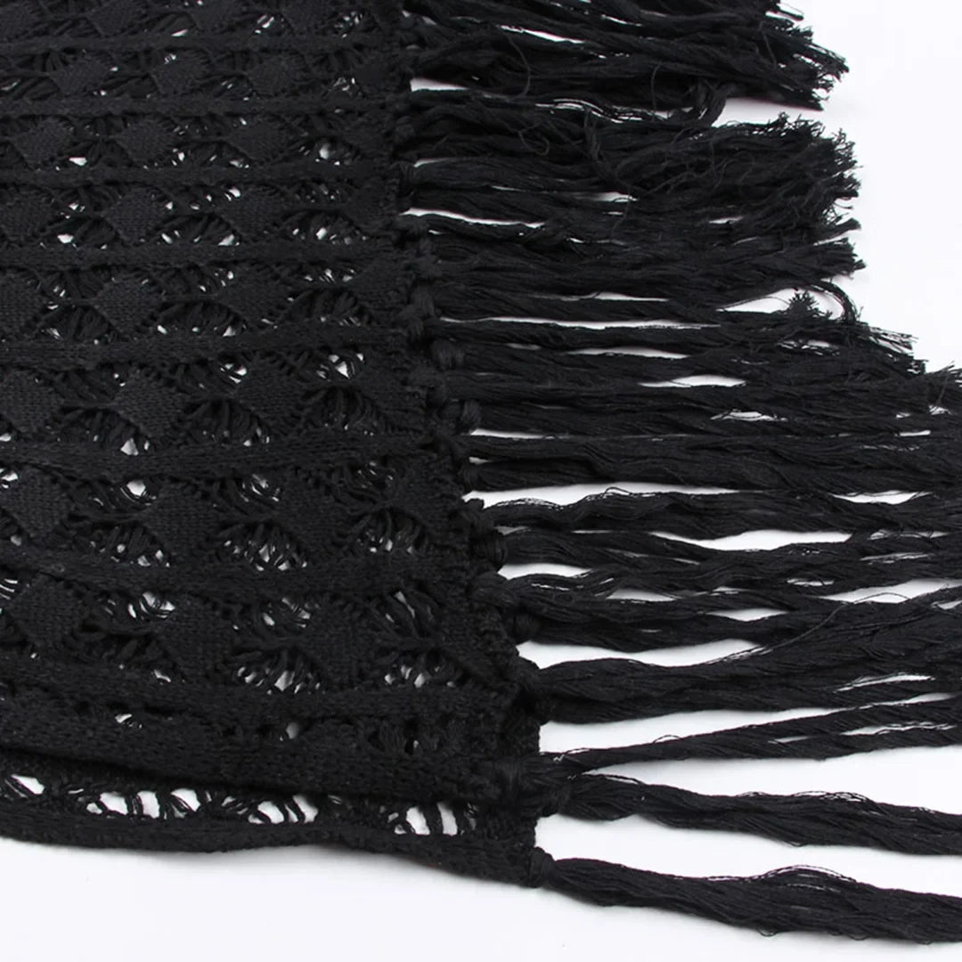 S- XL Sexy Hollow Out Fringe Tassel Knitted Crochet Tunic Beach Cover Up Cover-ups Beach Dress Beach Wear Beachwear Female V3800