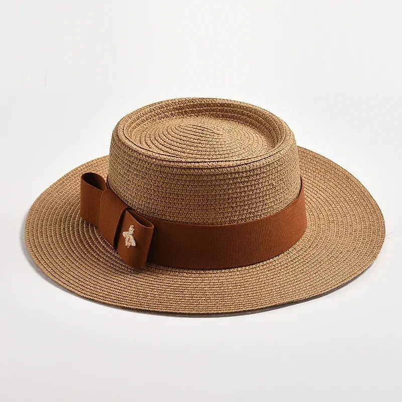 NEW Spring Summer Straw Hats for Women Round Bumpy Surface Flat Top Bowknot Dress Cap Travel Beach Sun Hat Gorra