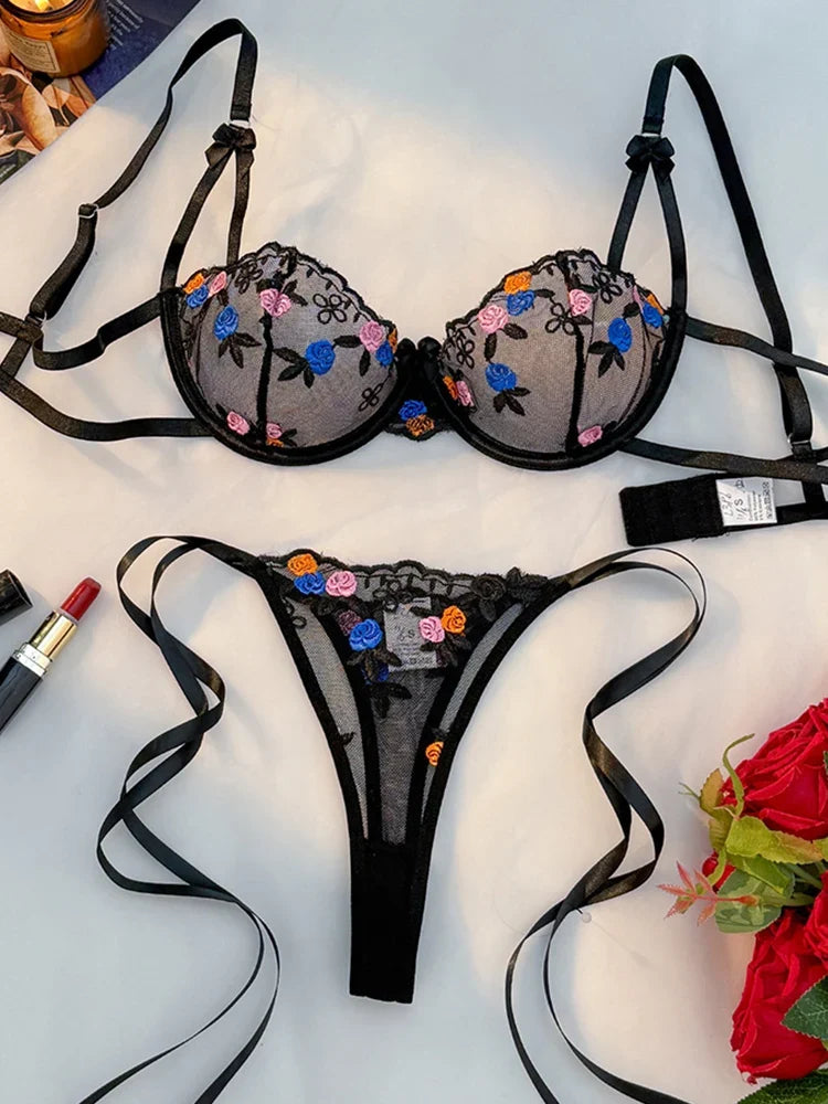 Rose Embroidery Lingerie Set Sexy Women&