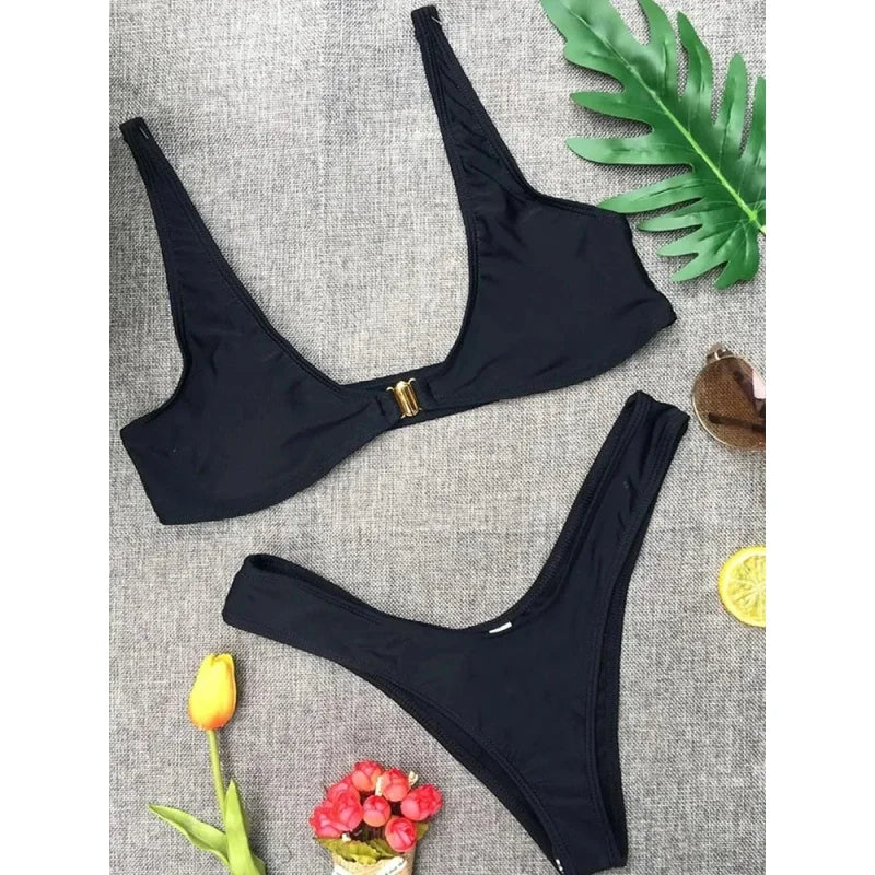 Sexy Backless Bikini Set Swimwear Women Solid Split Bathing Suit Bikini Push Up Summer 2025 New Beach Vacation Two Piece Sets