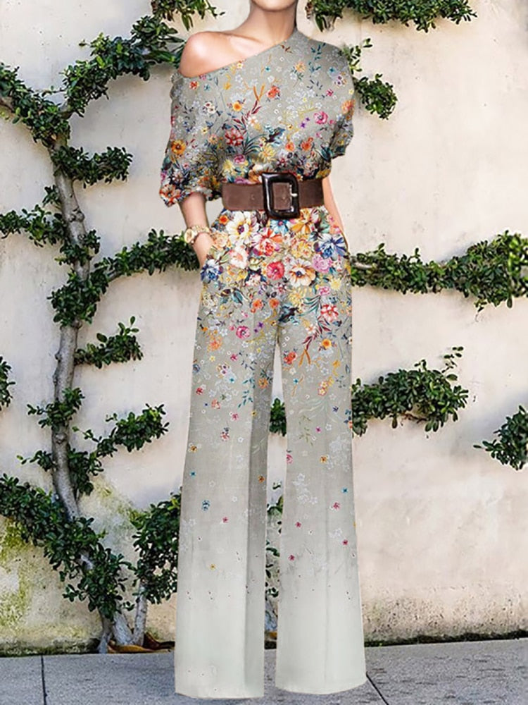 2022 Summer Pattern Print Jumpsuit Off Shoulder Romper Women Wide Leg Pant Playsuit