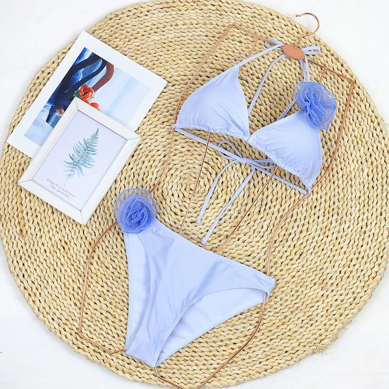 3D Floral Print Brazilian Micro Bikini Set Solid Color Sexy Women&