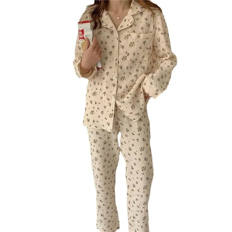 Spring New Long-Sleeved Pajamas Female Rustic Style Floral Imitation Cotton Wrinkled Cloth Loose Girls Sweet Pajamas Homewear Se