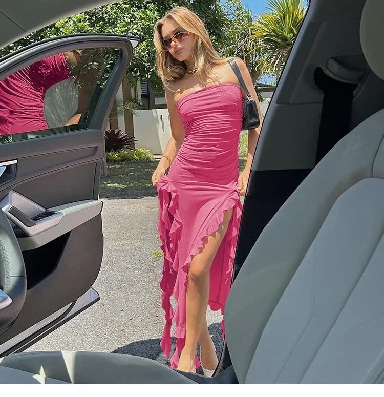 Cryptographic Irregular Ruffle Off Shoulder Sexy Backless Midi Dress for Women Elegant Birthday Vestido Summer Sundresses Ruched