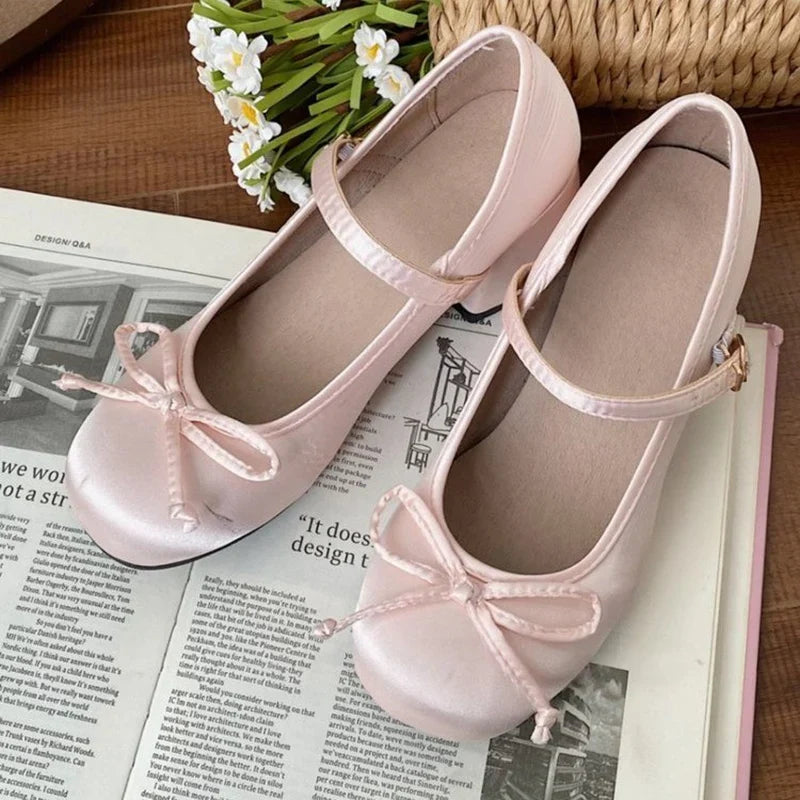 2025 spring cute sweet Bowknot Mary Janes for Women vintage Silk Med Heels pumps Ladies Banquet Wedding Single Shoes Mujer