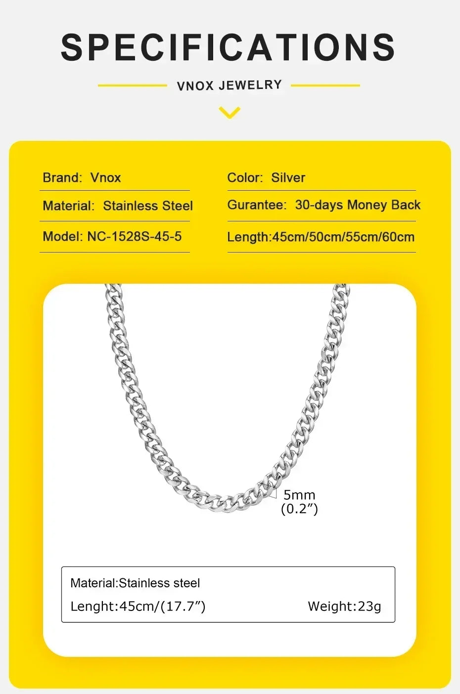 VNOX Cuban Chain Necklace - Stainless Steel 5/6/8mm - Unisex Waterproo