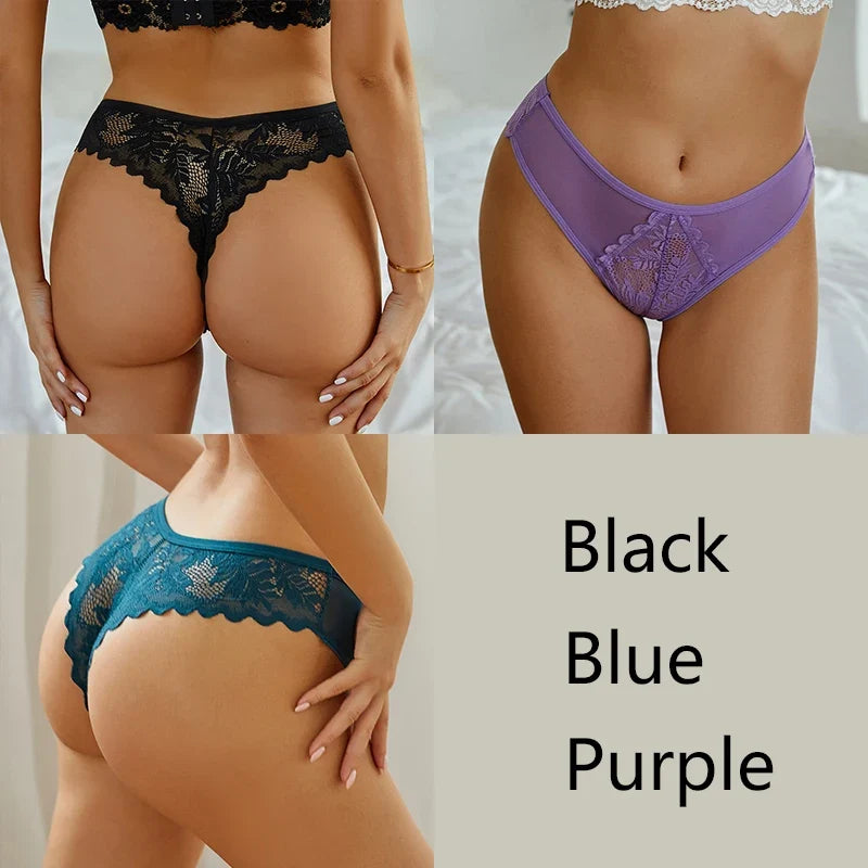3-Piece Lace Thong Set for Women — Sexy Low-Rise G-String Panties