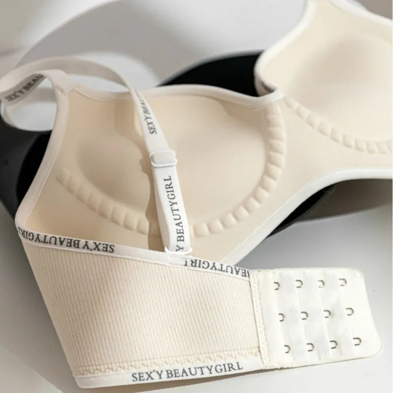 Thickened Push-Up Bra for Small Chest Wireless No Steel Ring Letter Print Adjustable Straps Anti-Slip Pads Seamless Lingerie