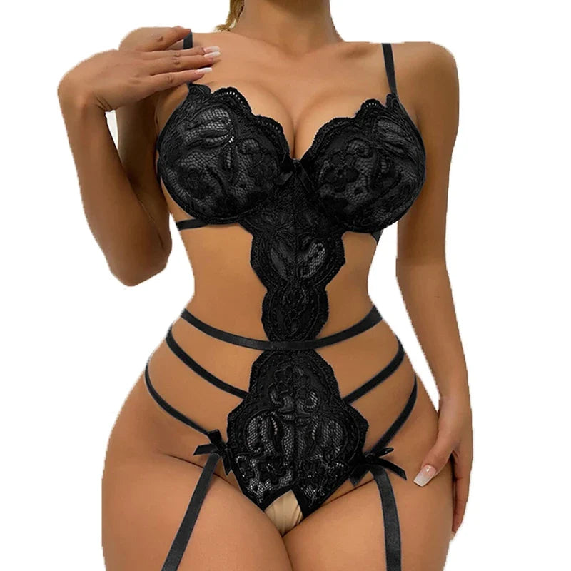 Hot Lace Seamless Bodysuit Sexy Women Underwear Erotic Pajamas Crotchless Deep V Open Bra See Through Babydoll Lingerie Set