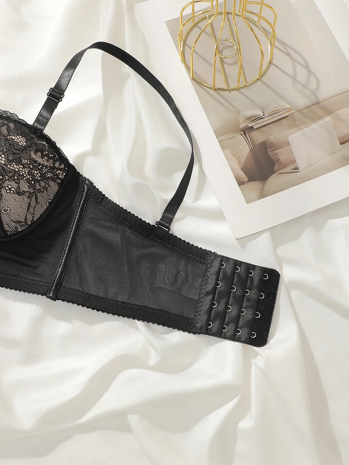 Women Longline Lace Bra Underwire Floral Sheer Mesh Adjustable Thin Straps Sexy Shapewear Corset Daily Lingerie Black L2380