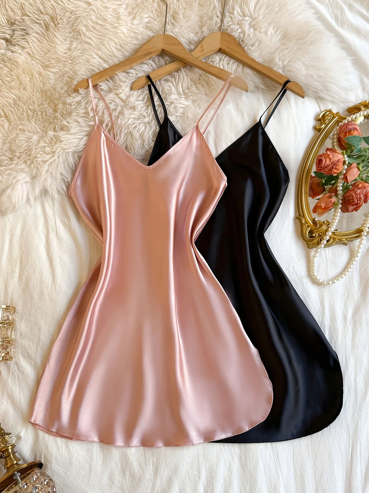 New 2 Pieces Women Nightgown Solid Color V Neck Thin Spaghetti Straps Sleep Dress Elegant Thin Ladies Home Night Dress